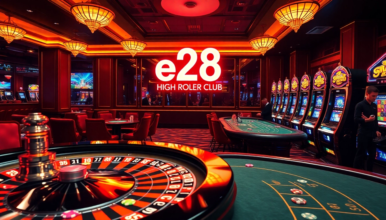 Experience e28 excitement at a glamorous casino, featuring a bustling roulette game and dynamic slot machines.