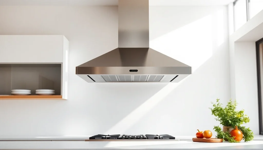 Efficient cooker hood enhances modern kitchen atmosphere with sleek design and bright ambiance.