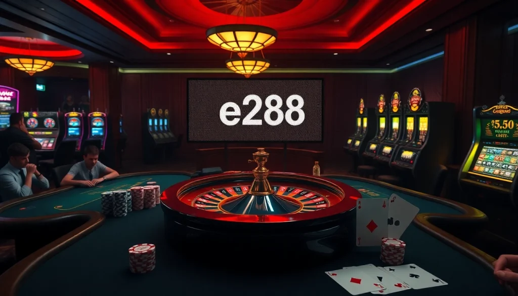 Experience the thrill of a casino atmosphere featuring a roulette wheel and e28 promotional slots for betting excitement.