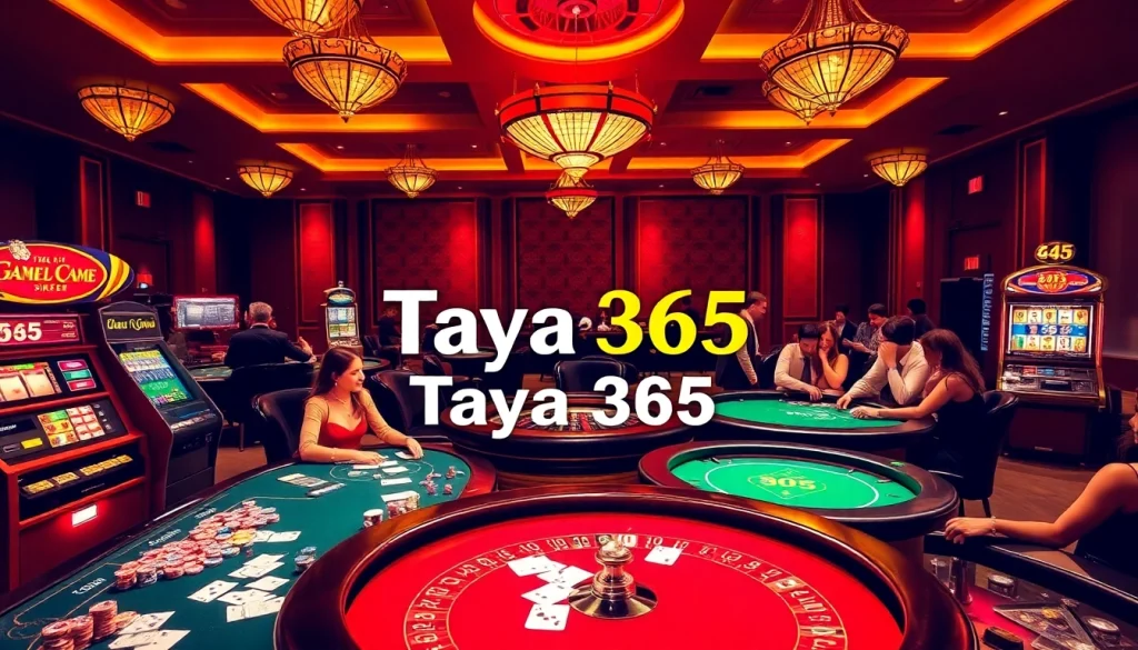 Experience the thrill of Taya 365 Casino with players at poker tables and lively slot machines.