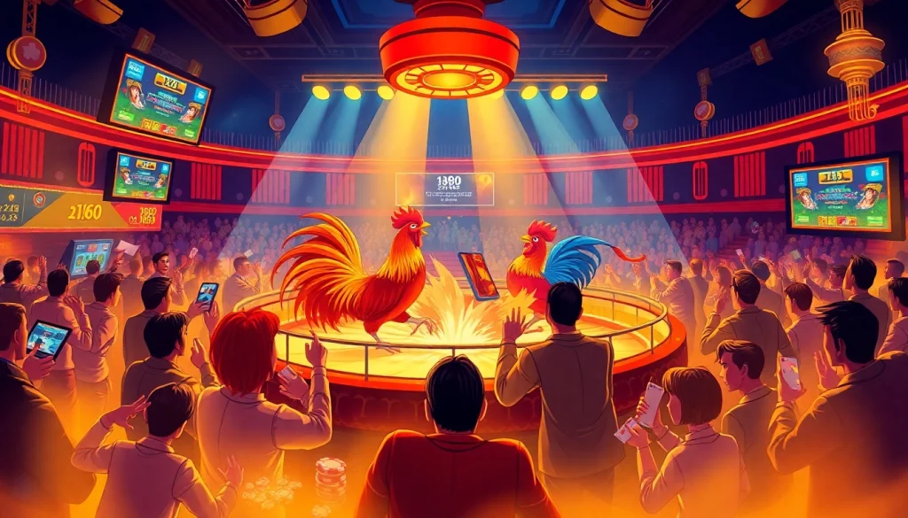 Experience the thrill of bj88 đá gà with vibrant betting activity and a colorful cockfighting event in a luxurious casino setting.