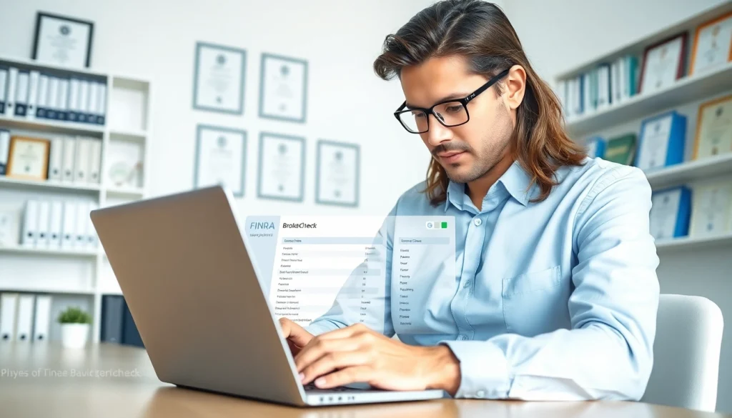 Reviewing FINRA BrokerCheck reports in a professional financial advisor's office.