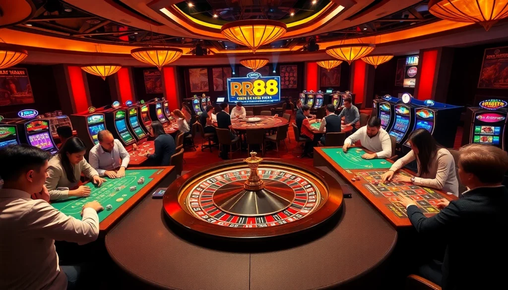 Experience thrilling games at RR88 casino with poker chips, roulette, and energetic players.