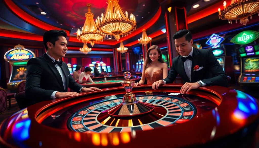 Experience the thrilling atmosphere of live gambling at RR88, where players enjoy roulette and elegant card games.