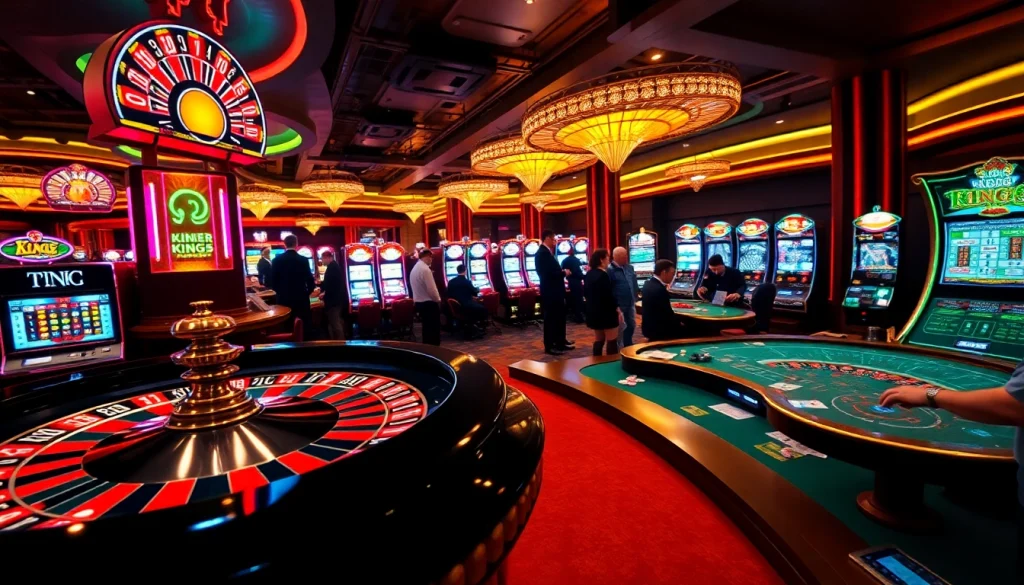KING88 casino setting featuring vibrant roulette and blackjack games, immersing players in a thrilling gaming experience.