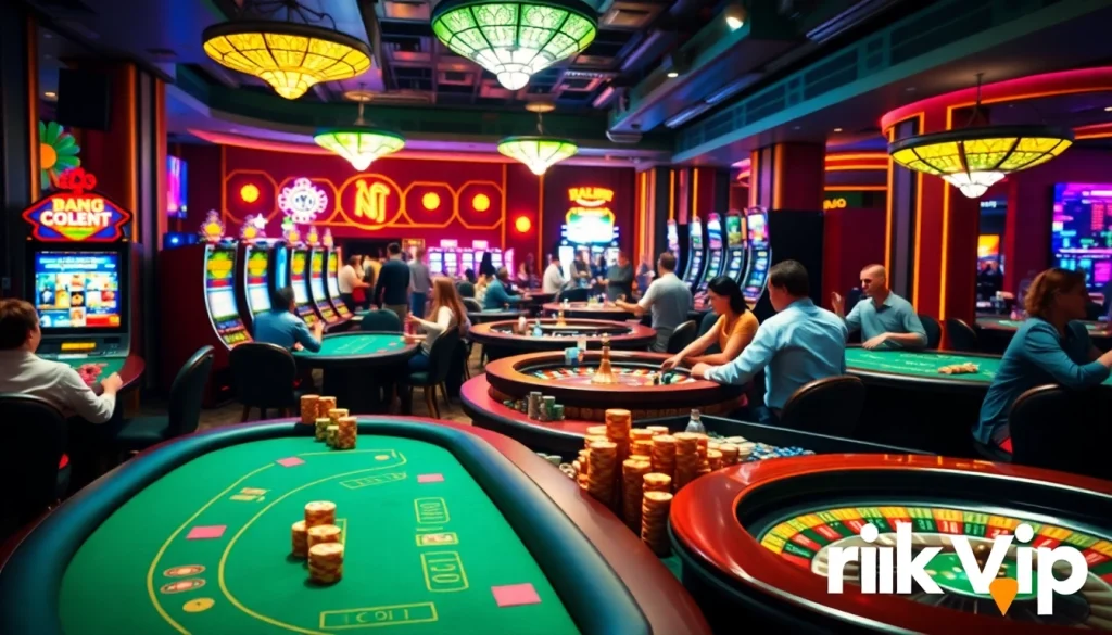 Exciting scene of players enjoying poker and blackjack at rikvip casino tables, with colorful slot machines in the backdrop.