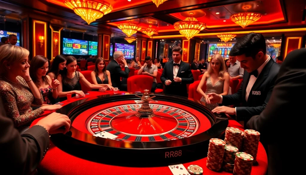 RR88 casino scene with players at a roulette table showcasing excitement and luxury in gambling.