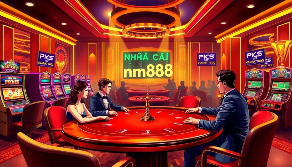 Explore the vibrant gaming ambiance at nhà cái mm88 with players enjoying high-stakes poker at a glamorous casino table.