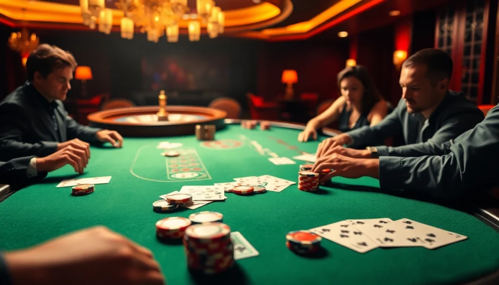 Experience the thrill of Đá gà 79King at an upscale poker table filled with intense players and vibrant gaming elements.