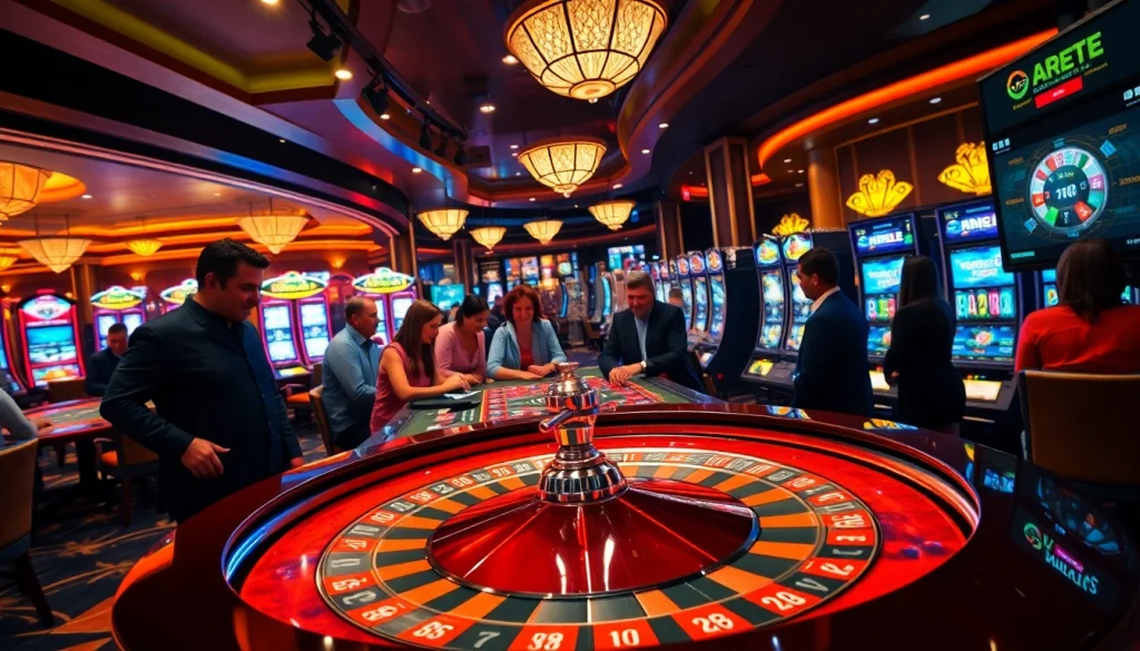 Experience the excitement of go8 casino gaming with roulette tables, vibrant players, and dynamic slot machines.