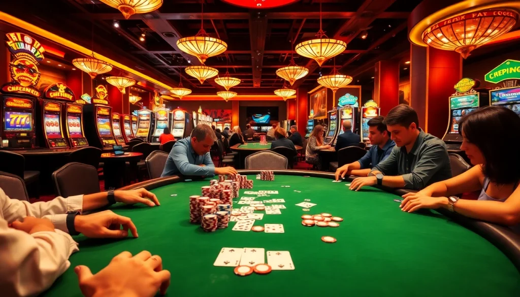 NgonClub players enjoying an exciting hand at a poker table with colorful chips.