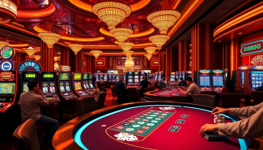 Experience the vibrant excitement of U888 online casino with players immersed at poker and roulette tables.