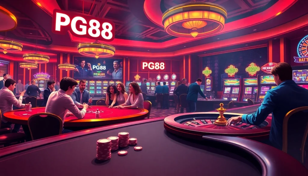 PG88 casino scene showcasing enthusiastic players at poker and roulette tables, embodying excitement and premium gaming experiences.