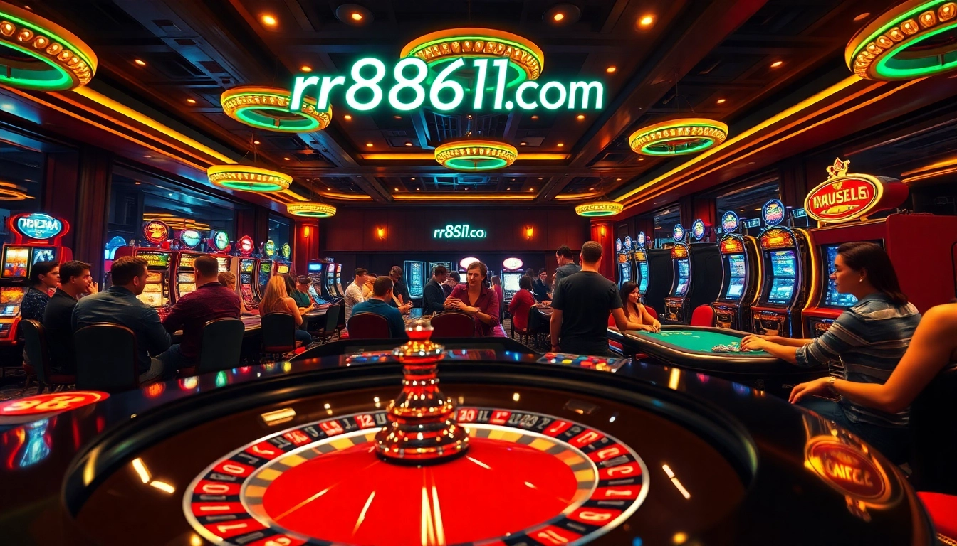 Players enjoying thrilling games at a casino with "rr88k1 com" neon lights shining, emphasizing excitement and vibrant energy.